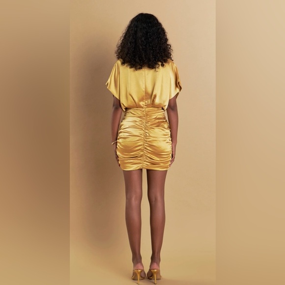 Endless Rose Shirred Gold Satin Ruched Mini Dress NEW - Picture 4 of 13